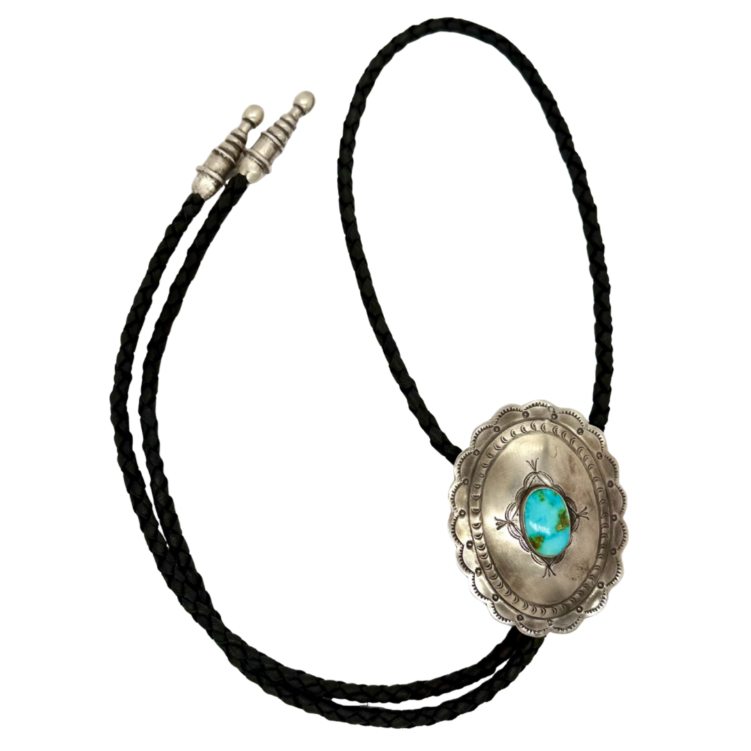 Scallop Turquoise Concho Leather Bolo