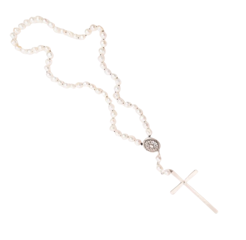 Concho and Diamond Cross Pearl Rosary Necklace