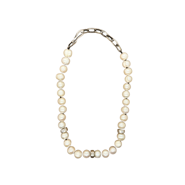 Nine Diamond Bead Pearl Necklace