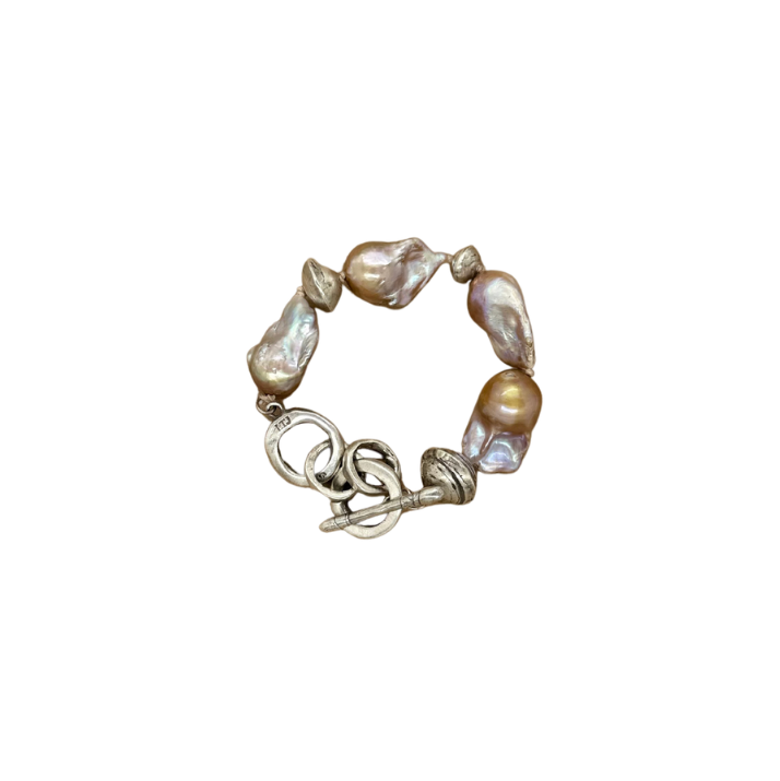 High Grade Blush Baroque Pearl Sterling Silver Bead and Chain Bracelet