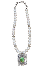 Kingman Square Concho and Sterling Silver Bead Pearl Necklace