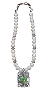 Kingman Square Concho and Sterling Silver Bead Pearl Necklace