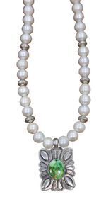 Kingman Square Concho and Sterling Silver Bead Pearl Necklace