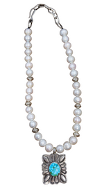 Kingman Square Concho and Sterling Silver Bead Pearl Necklace