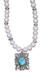 Kingman Square Concho and Sterling Silver Bead Pearl Necklace