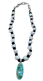 30 ct #8 turquoise baroque pearl and knotted leather Necklace