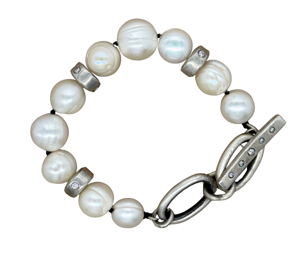 Fourteen Diamond Bead Pearl Toggle Bracelet