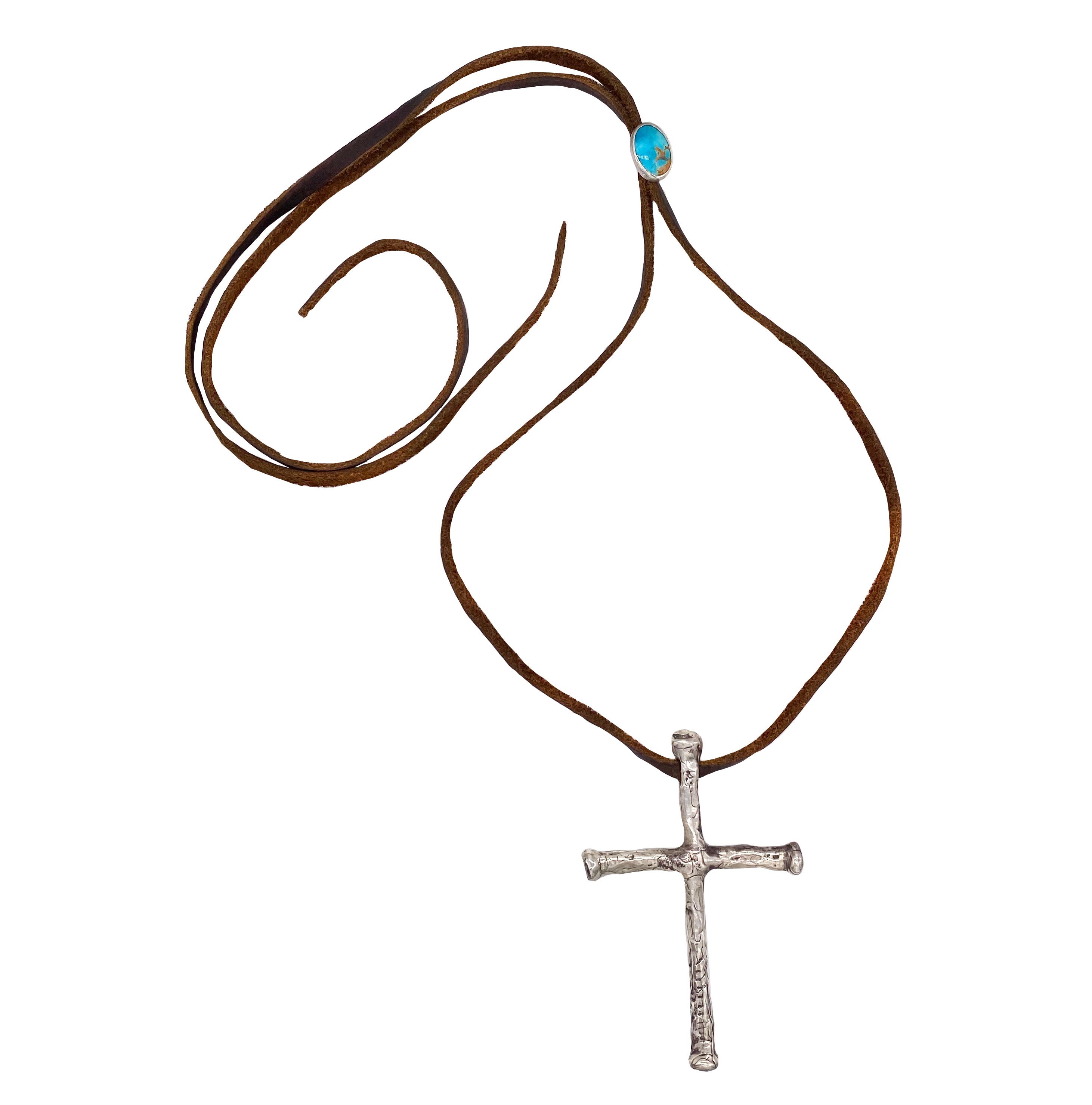 Brown Leather Cross and Turquoise Necklace